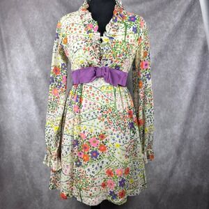 Vtg 60s 70s Floral Mini Dress XS/S Ruffle Collar Bow Empire Waist‎ Babydoll Mod
